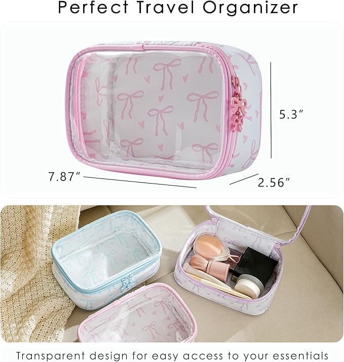 RSRSLEII Cute Clear Makeup Bag with Bow Pattern,Transparent Nylon Travel Cosmetic Case with Zipper,Portable Makeup Organizer Pouch for Essentials(01Pink)