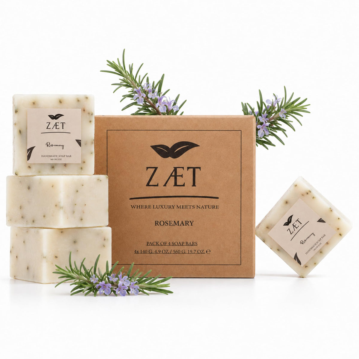 ZÆT Rosemary Soap Handmade Soap Bar, Natural Rosemary Bar Soap 4 Pack