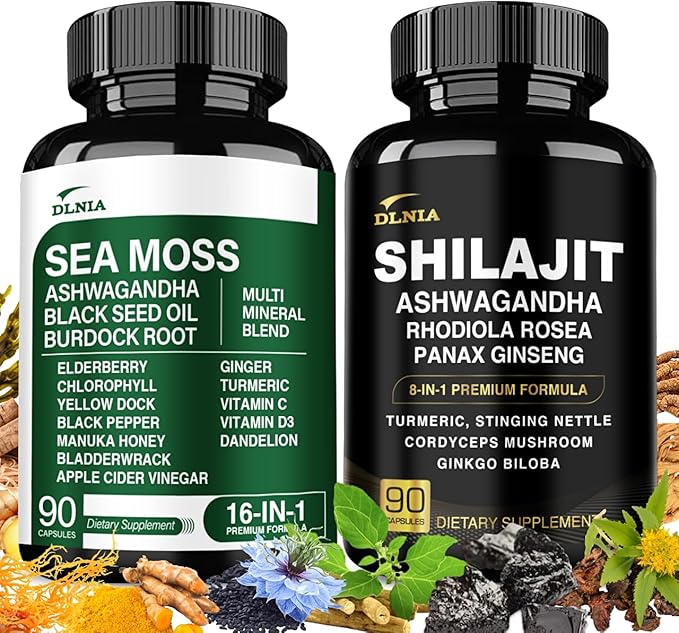 DLNIA Sea Moss & Shilajit Bundle – 270 Capsules | 90-Day Supply | Irish Sea Moss, 75% Fulvic Acid Himalayan Shilajit, Black Seed Oil, KSM-66® Ashwagandha, Tongkat Ali, & Multi-Mineral Daily Wellness