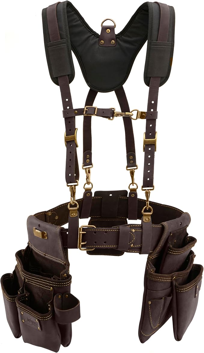 OX Pro Construction Tool Belt with Suspenders - 22-Pocket Leather Tool Belt Pouches - (XL) Made of Oil-Tanned Leather with Double-Stitching Morrales De Construccion