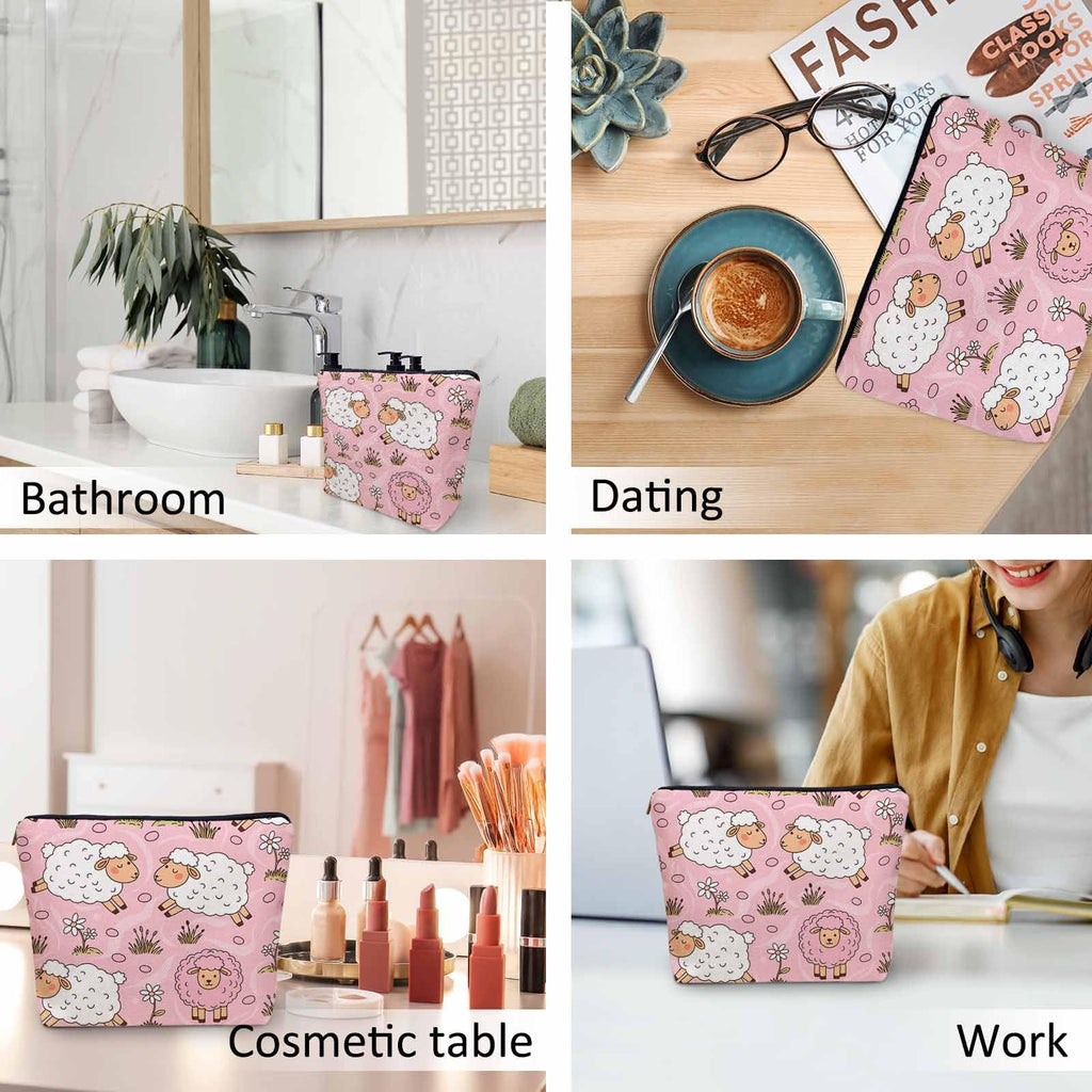 Kalygon Makeup Bag For Purse Sheep, Farm Animal Weed Flower Sheep Cosmetic Bags For Women With Zipper Travel Toiletry Pouch Makeup Bags Makeup Organizers Purse For Toiletries Cosmetics