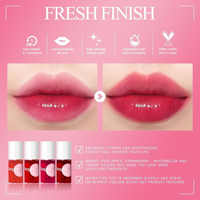 bayfree Lip Tint Stain Set, 4 PCS Korean Water Tint Lightweight Non-sticky, Waterproof Long Lasting Liquid Blush & Lip Stain, Transfer-Proof, Matte Finish Lip Color Makeup (fruit farm)