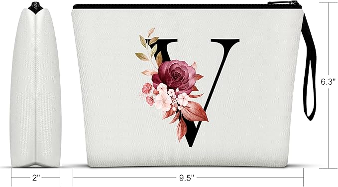 Vavabox A-Z Personalized Makeup Bag, Birthday Gifts for Women Mom, Gifts for Best Friend, Bride Bridesmaid Cosmetic bag (V, 01-White)