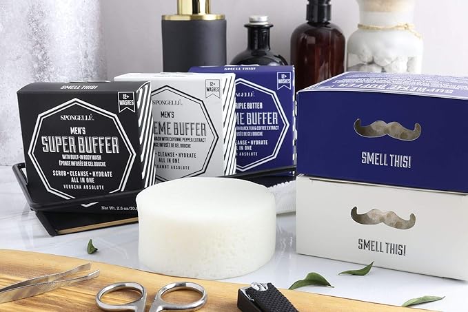 Spongellé Men's Supreme Buffer, Cedar Absolute | 20+ Washes | Body Wash Infused Exfoliating Body Scrubber | Loofah Sponge For Men | Gift for Father's Day, Vegan, Dermatologist-Tested, Made in USA