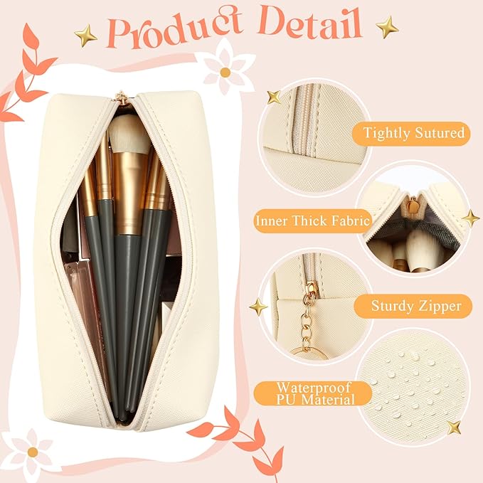 Chunful 24 Pcs Preppy Makeup Bag PU Leather Cosmetic Bag Bulk Makeup Plain Pouch Waterproof Toiletry Purse for Women Traveling Preppy Pencil Case Valentine's Day Gifts(Beige)