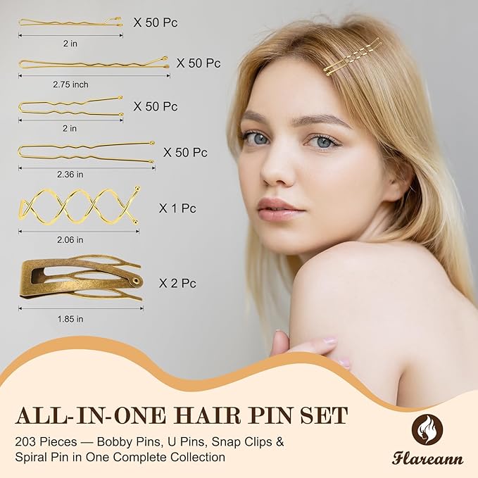 FLAREANN Gold Bobby Pins Set with U Shape Pins, Spiral Pin & Snap Clips