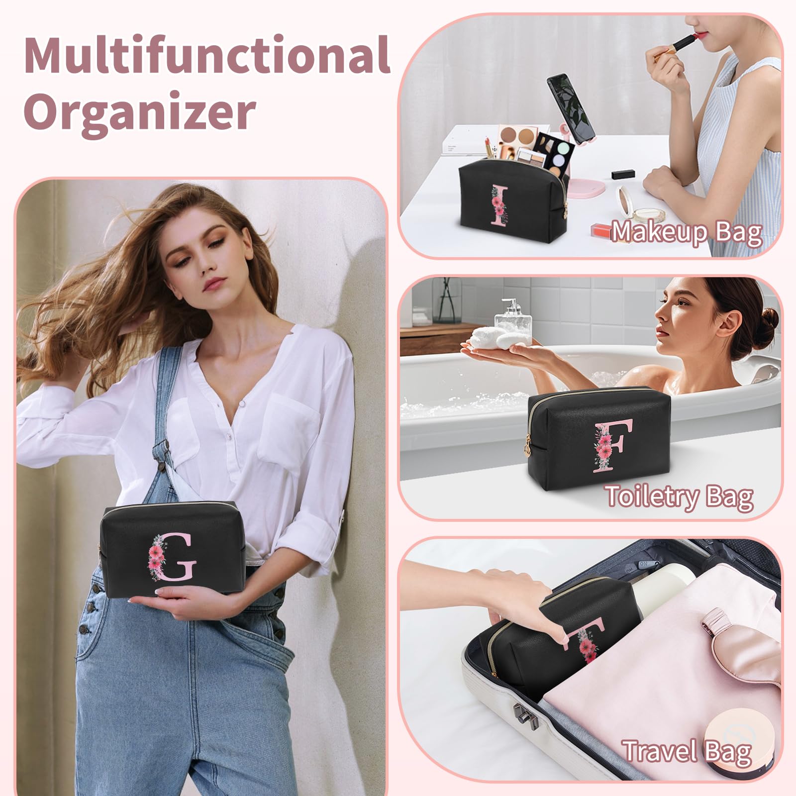 Initial Makeup Bag for Women, Travel Makeup Bag Small Cosmetic Bag, Birthday Gifts for Girls and Women, Teen Girls Gifts Trendy Stuff, Personalized Gifts for Grandkids Teacher Friends Bride Bridesmaid