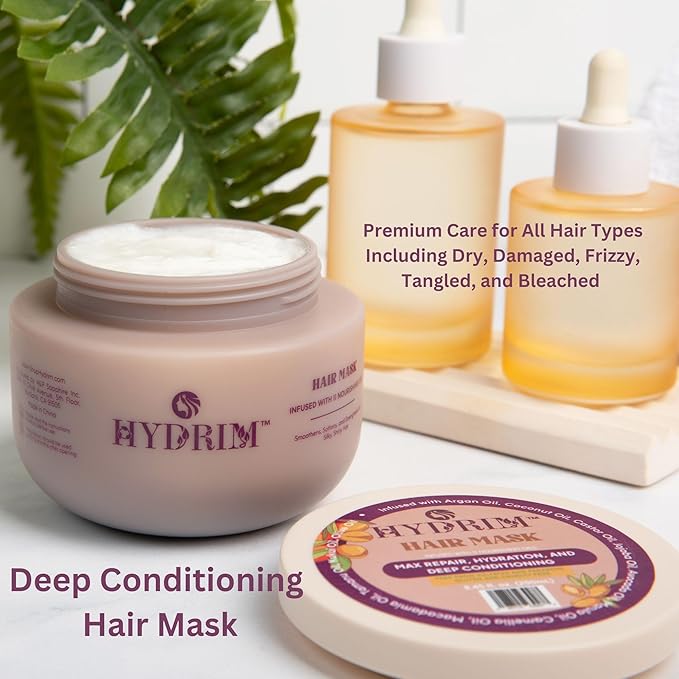 Hydrim Hydrating Deep Conditioning Hair Mask for Dry, Damaged Hair – Infused with Argan Oil & 10 Nourishing Oils, Smooths Frizz, Leaves Hair Soft & Shiny, Fresh Floral Aroma, 8.45 fl oz