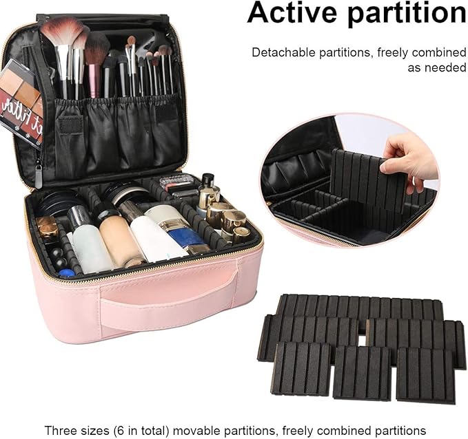 Bvser Travel Makeup Case, PU Leather Portable Organizer Makeup Train Case Makeup Bag Cosmetic Case with Adjustable Dividers for Cosmetics Makeup Brushes Women (Pink)