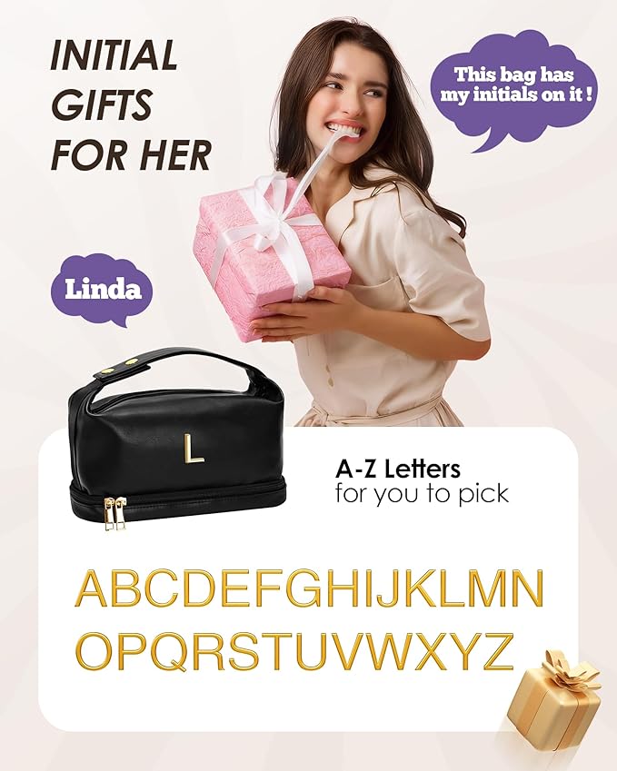Vogewood Initial Makeup Bag Personalized Gifts with Handle, Waterproof