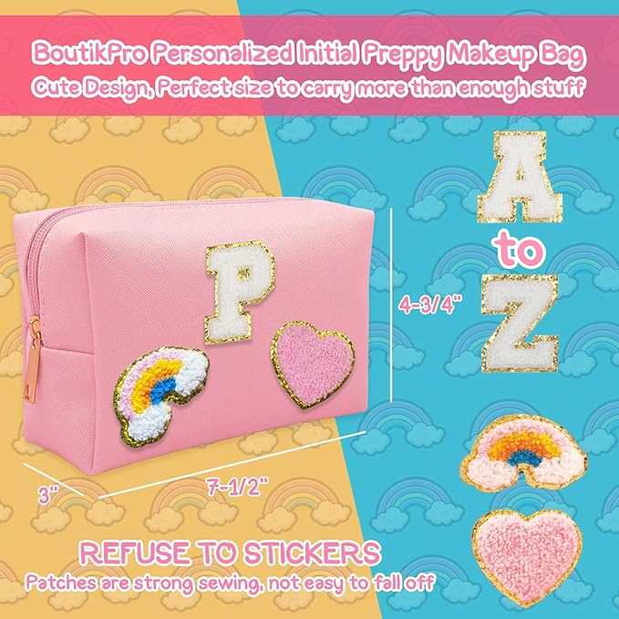 Personalized Inital Preppy Makeup Bag Set with Zipper, Monogram Waterproof Travel Cosmetic Bag for Women, Cute Preppy Patch Toiletry Bag for Traveling Outdoors, Gift Ideal for Christmas Thanksgiving