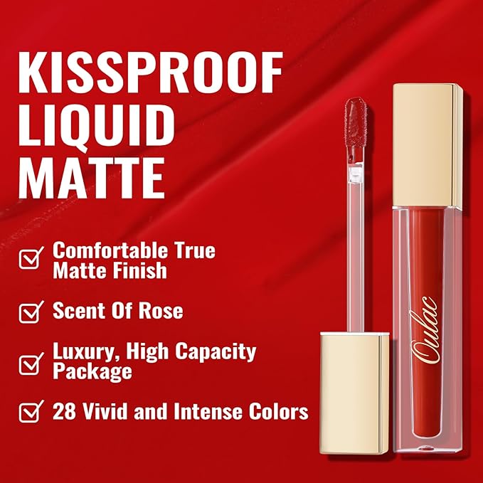 Oulac Red Lipstick Matte for Women, Long Lasting Lipsticks Smudegerproof, Creamy Texture, Waterproof, Non-Stick Cup, Lip Tint Stain with Vitamin E & Rose Oil, Vegan, Cruelty-Free, M01