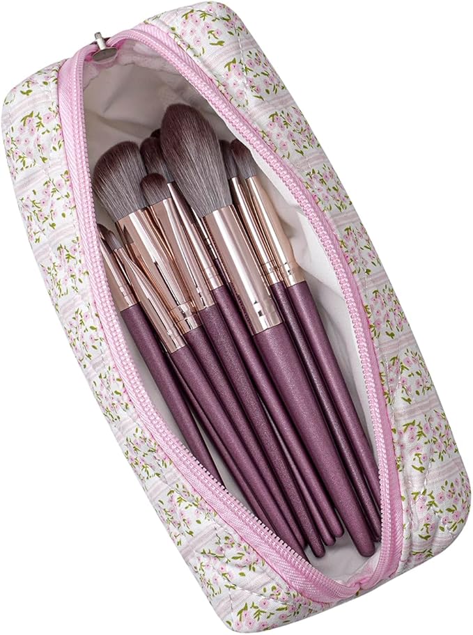 HHQQWZ Cute Floral Cotton Makeup Brush Cosmetic Bag for Women, Travel Quilted Zipper Make Up Bag, Flowers Toiletry Organizer Case Kawaii Makeup Cosmetic Travel Cloth Pouch (Pink+Pink Bow Tie)