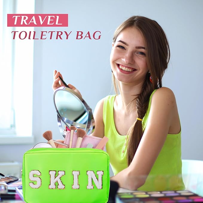 Remerry 4 Pcs Nylon Makeup Bags Waterproof Spacious Travel Cosmetic Bag for Women Chenille Letter Preppy Zipper Pouch Face Stuff Skin Hair Organizer Gift(Fluorescent Colors)