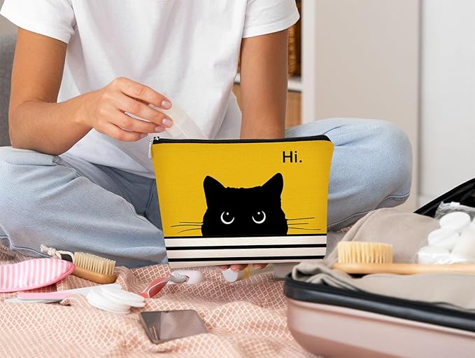 BARPERY Cat Makeup Bag - Small Cute Cosmetic Bag for Women & Teen Girls - Birthday & Cat Lady Gifts (Black, Yellow)