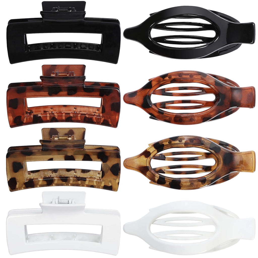 Hair Clips for Women 4.3 Inch Large Hair Claw Clips 8 pcs Square Claw Clips & Flat Hair Clips for Thick or Thin Hair French Concord Hair Barrettes Alligator Hair Accessories for Women (Leopard)