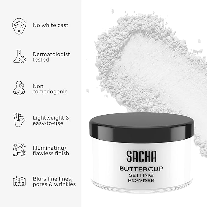 Sacha Buttercup No Color Setting Powder – All Skin Tones Translucent Loose Face Powder, Flashback-Resistant, Oil Control, Long-Wear Matte Finish (1.75 oz)