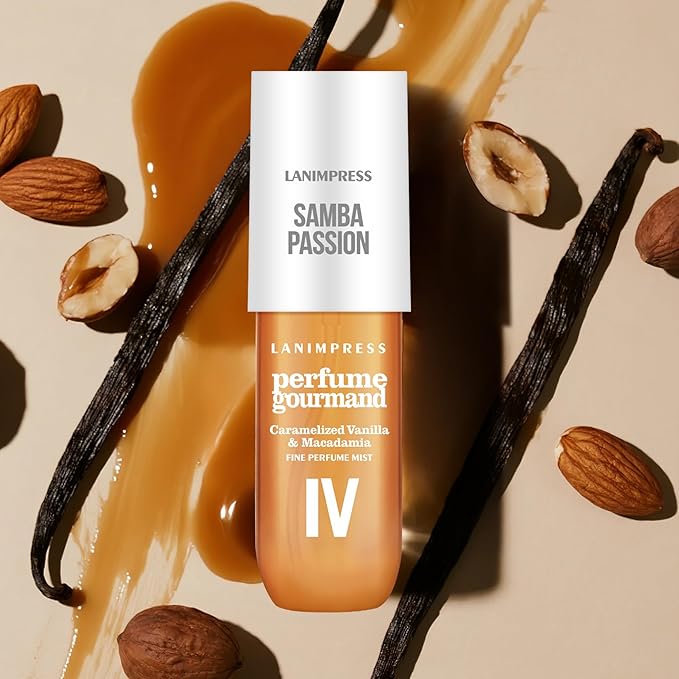 LANIMPRESS 3 FL OZ No.4 Hair Mist and Body Spray for Women,Eau De Parfum, Amber Gourmet Perfume, Sweet Scent– With Notes of Roasted Macadamia Nuts,Caramel Vanilla,Coconutblossom, Travel Size Fragrance