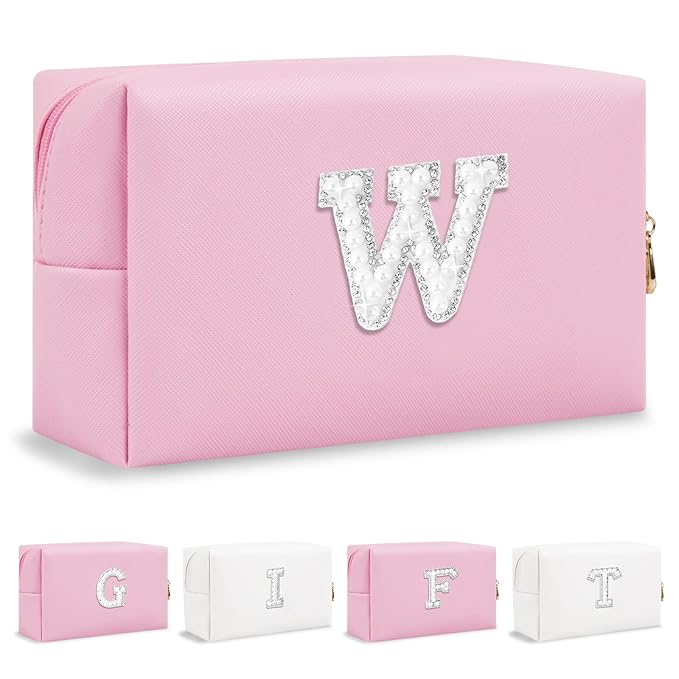 ChaoGreat Bride Gifts – Personalized Initial Makeup Bag with Pearl Rhinestone Patch, Preppy Pink Monogram Cosmetic/Toiletry Pouch, bridesmaid Gifts, Bridal Shower Gifts, Wedding Gifts, Bridal Gifts,W