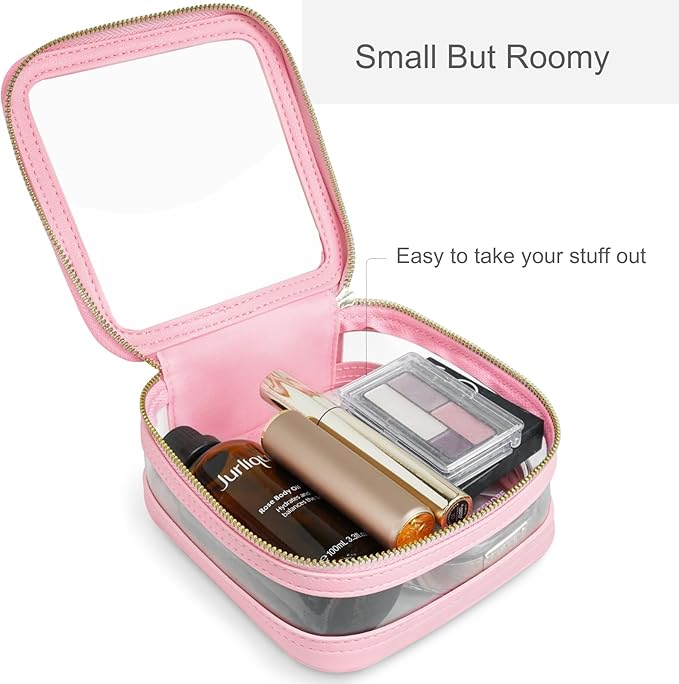 Yeeits Clear Makeup Bag Travel Size Toiletry Bag Organizer Case Quality PU Leather Transparent Small Cosmetic Bag Car Bag for Essentials with Durable Zipper (Pink)