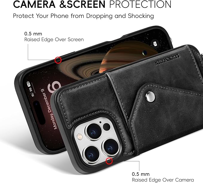 LUCKYCOIN Crossbody Phone Case for iPhone 16 Pro Max, 100% Genuine Leather Phone Wallet Case for Women, Premium Hands-Free Phone Purse with Expandable Flip Card Holder & Adjustable Strap - Retro Black