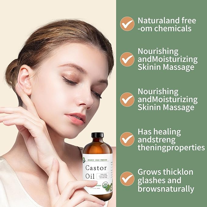 MAYLINK Castor Oil Organic Cold Pressed Unrefined Glass Bottle-Organic Certified 100% Pure Castor Oil,Hexane Free,Organic Castor Oil for Face,Hair Growth,Eyelashes,Caster 16.91fl.oz/500ml