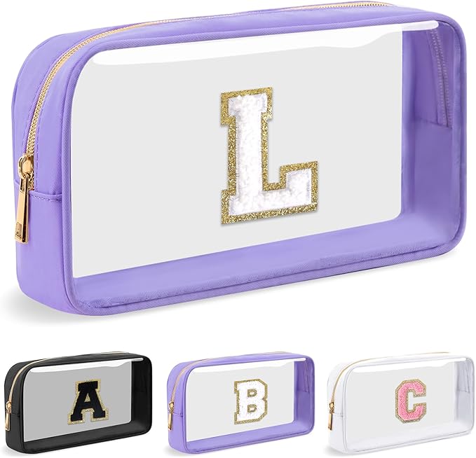 UIXIZQ Personalized Initial Letter Clear Makeup Bag,Preppy Small Nylon&PVC Cosmetic Zipper Bag with Chenille Letter,Travel Skincare Toiletry Bag,Monogram Christmas Gift for Teen Girls Women,L