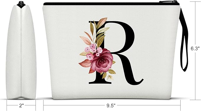 Vavabox A-Z Personalized Makeup Bag, Birthday Gifts for Women Mom, Gifts for Best Friend, Bride Bridesmaid Cosmetic bag (R, 01-White)