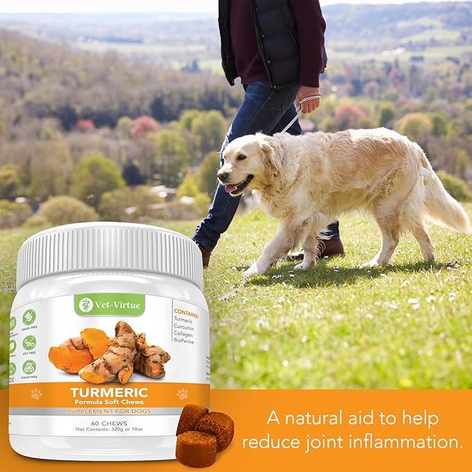 Turmeric for Dogs - Hip & Joint Supplement for Senior Dogs with Arthritis | Natural Anti Inflammatory Pain Relief | Organic Curcumin, Collagen & BioPerine | NASC Certified Made in USA - 60 Soft Chews