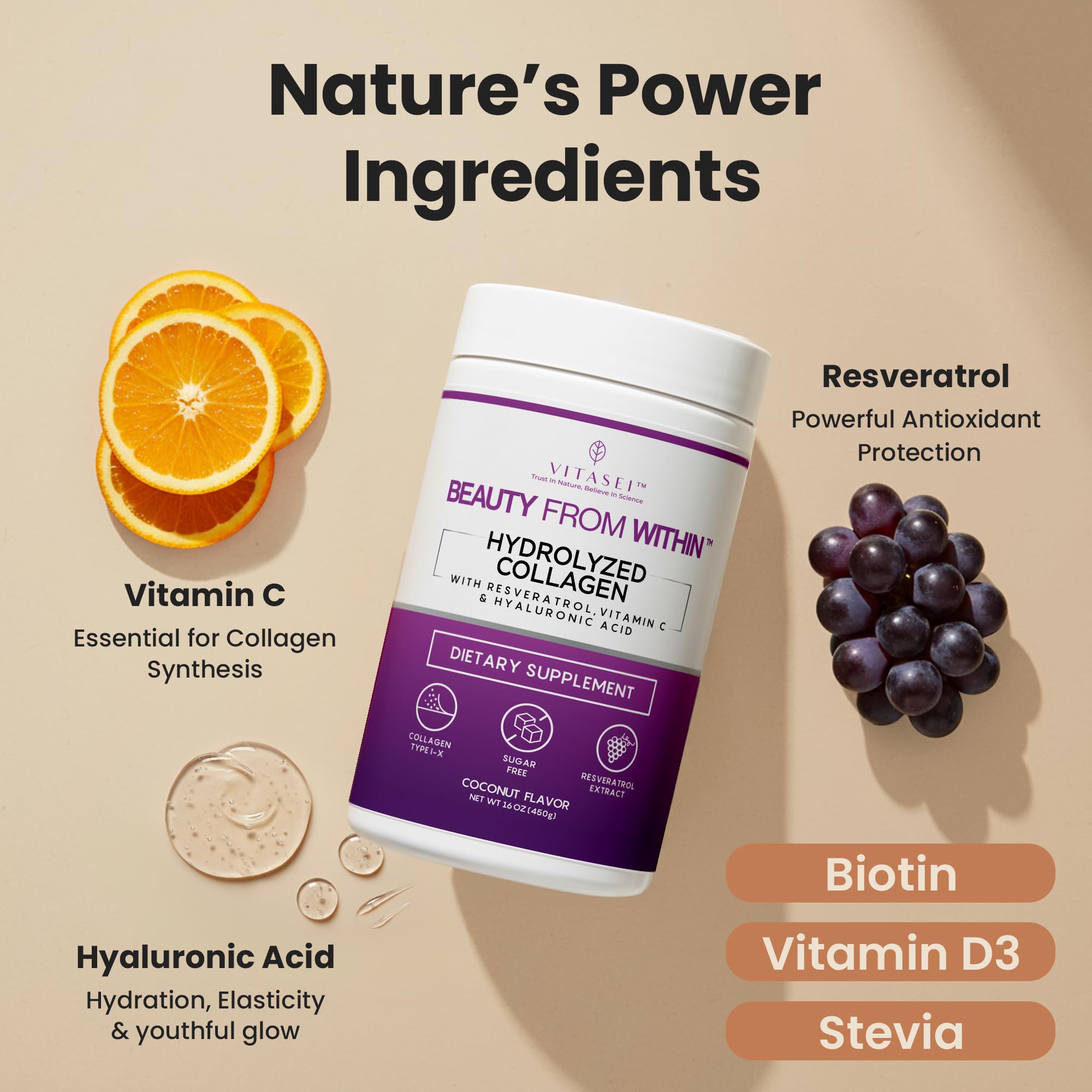 VITASEI Hydrolyzed Collagen Peptide Powder Drink – Soy-Based Coconut, 16oz