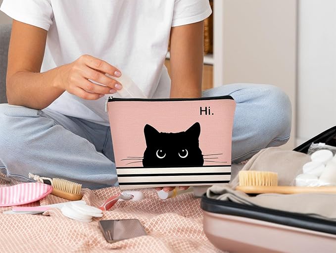 BARPERY Cute Cat Makeup Bag - Black & Pink, Small Cosmetic Bag for Women & Girls, Birthday Gift for Cat Lovers & Owners