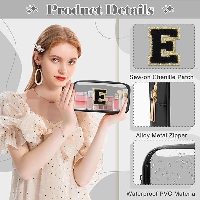 UIXIZQ Personalized Initial Letter Clear Makeup Bag,Preppy Small Nylon&PVC Cosmetic Zipper Bag with Chenille Letter,Travel Skincare Toiletry Bag,Monogram Christmas Gift for Teen Girls Women,E