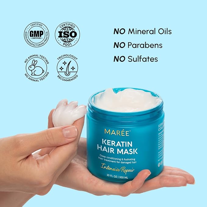 MAREE Deep Conditioning Hair Mask for Damaged Hair Treatment – Keratin Hair Care for Hydrating Growth Repair Moisturizing – Dry Curly Color Refreshing – 10 Fl Oz, White