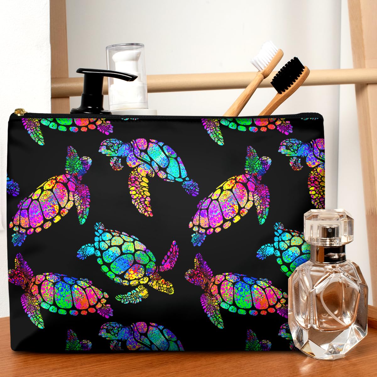 GEGEPINK Cute Makeup Bag for Purse Waterproof Cosmetic Bags for Women Funny Smooth Zipper Travel Toiletry Pouch 10X8 Inches-Rainbow Turtle Makeup pouch