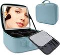 SLUMAZI Travel Makeup Bag with LED Mirror Travel Makeup Organizer with 3 Lighted Settings, Adjustable Dividers and Makeup Brush Storage Bag Light Blue