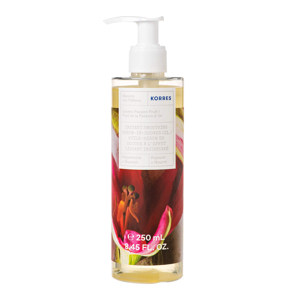 KORRES In-Shower Oil, Body Serum with Sweet Almond Oil for Dry Skin Care, Moisturizing and Hydrating Serum for Post Bath or Shower, Body Oils for Women, Golden Passion Fruit, 8.45 Fl Oz