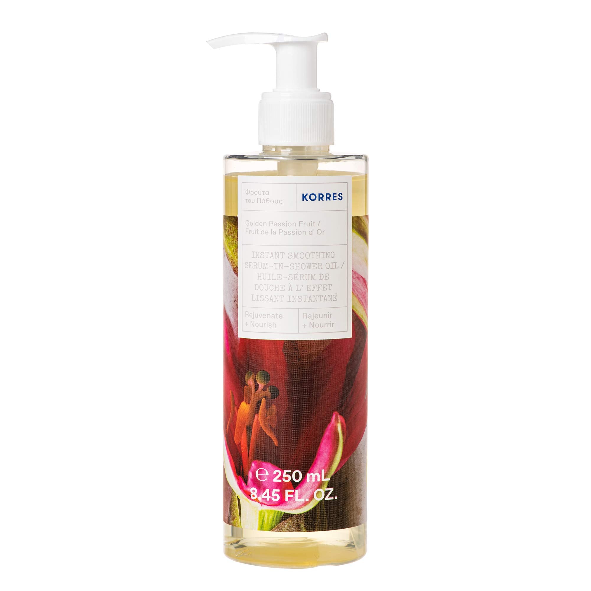 KORRES In-Shower Oil, Body Serum with Sweet Almond Oil for Dry Skin Care, Moisturizing and Hydrating Serum for Post Bath or Shower, Body Oils for Women, Golden Passion Fruit, 8.45 Fl Oz