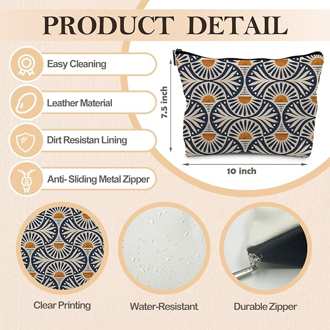 RYYCDOI Boho Gifts for Women, Boho Orange Sunset Leaf Aesthetic Makeup Bag, Boho Makeup Bag for Women, Vintage Boho Sunrise Sunset Cosmetic Bags Toiletry Bag, Boho Beach Bag(PU)