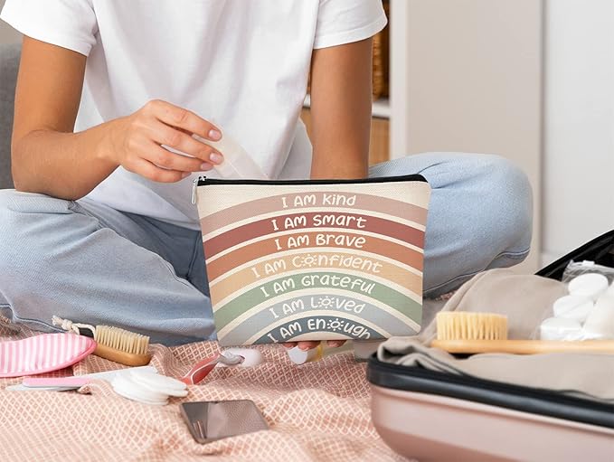 BARPERY I Am Kind I Am Smart I Am Brave Inspirational Makeup Bag,Makeup Bags for Women, Rainbow Cosmetic Bag Gift for Women,Inspirational Gifts for Women Teacher Coworker