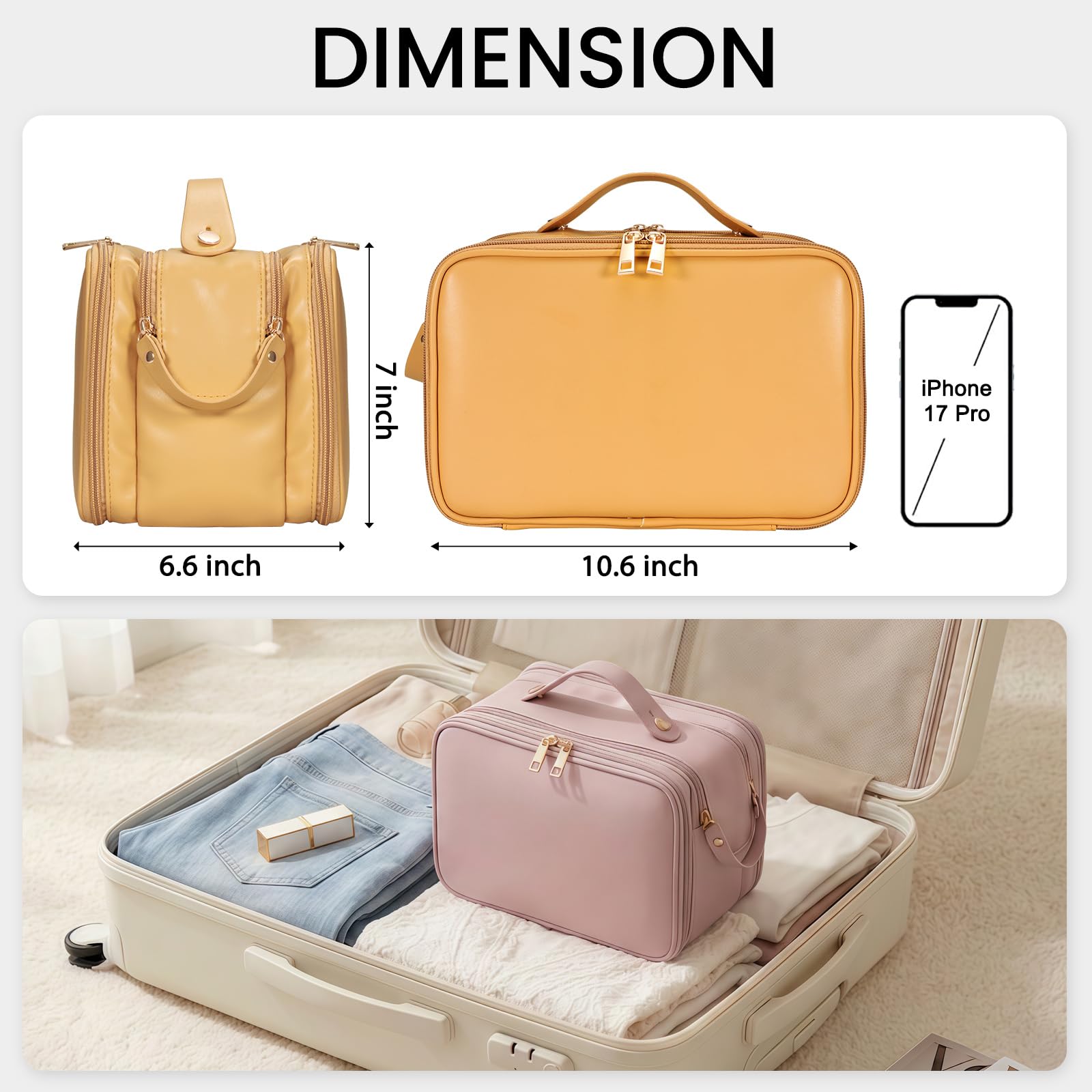 HauteHues Travel Makeup Bag Women's Large Capacity Cosmetic Portable Organizer Large Opening Waterproof Storage Toiletry Bags Vertical Free-Standing Brush Holder for Easy Access Orange