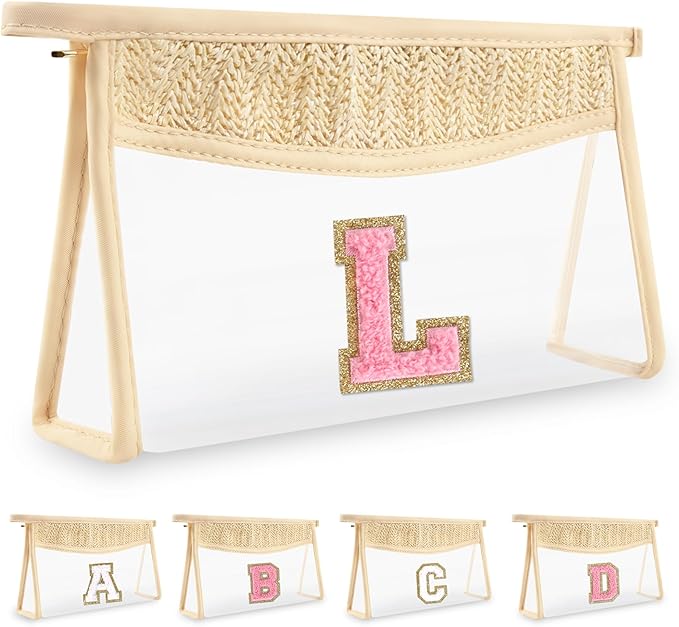 Small Boho Straw Initial Letter Makeup Bag Personalized Gift,Cute Clear Chenille Patch Makeup Bag With Zipper,Trendy TSA Approved Travel Toiletry Bag,Gift for Women Girls Birthday Friend, Letter L