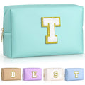 TOPEAST Preppy Stuff for Girls, Initial Makeup Bag Chenille Letter Pouch Cosmetic Bag with Zipper, PU Leather Waterproof Toiletry Bag, Cute Stuff Birthday Gift for Friends Sister (Blue T)