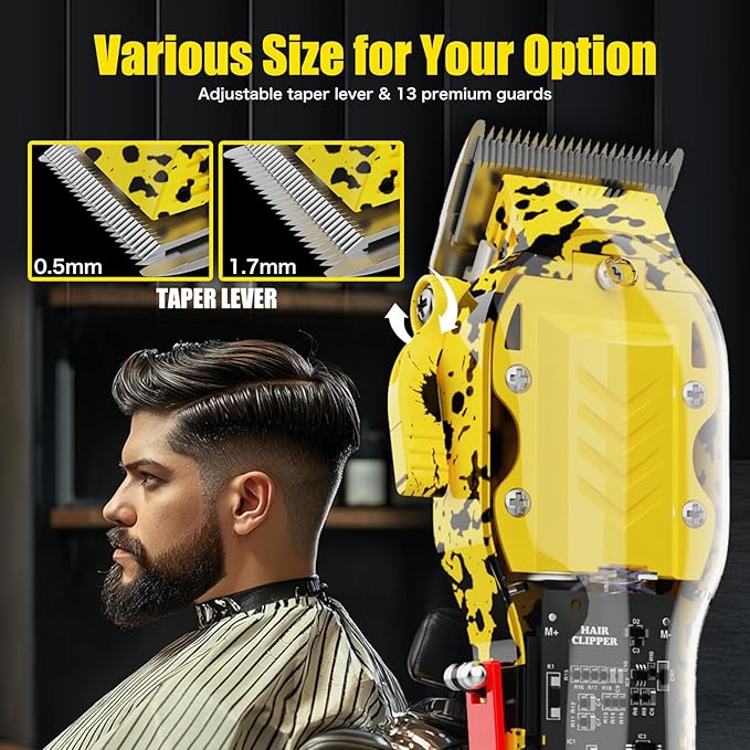 Tuanchuanrp Professional Hair Clippers for Men, Cordless Barber kit for Hair Cutting & Grooming, Hair Clippers Set for Barber Haircut with LED Display 8 Fade Taper Combs(Yellow)
