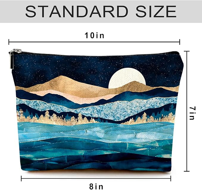 Givotin Cute Makeup Bag for Purse Canvas Waterproof Funny Cosmetic Bags for Women Zipper Travel Toiletry Pouch-Mountain Moon Lake Makeup Bags