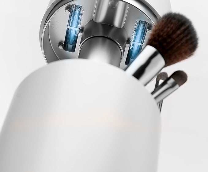 Brushean UVC Sanitizer with Ozone, Makeup Brush Holder, One Touch for Open, Dustproof Make Up Supplies Organized Storage, Stylish and Durable Design (Standard, White/Rose Gold)