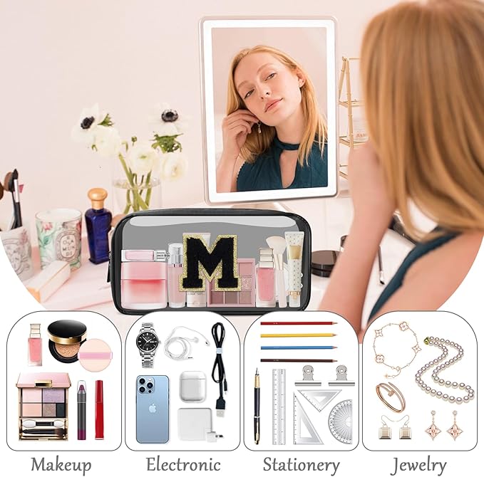 UIXIZQ Personalized Initial Letter Clear Makeup Bag,Preppy Small Nylon&PVC Cosmetic Zipper Bag with Chenille Letter,Travel Skincare Toiletry Bag,Monogram Christmas Gift for Teen Girls Women,M