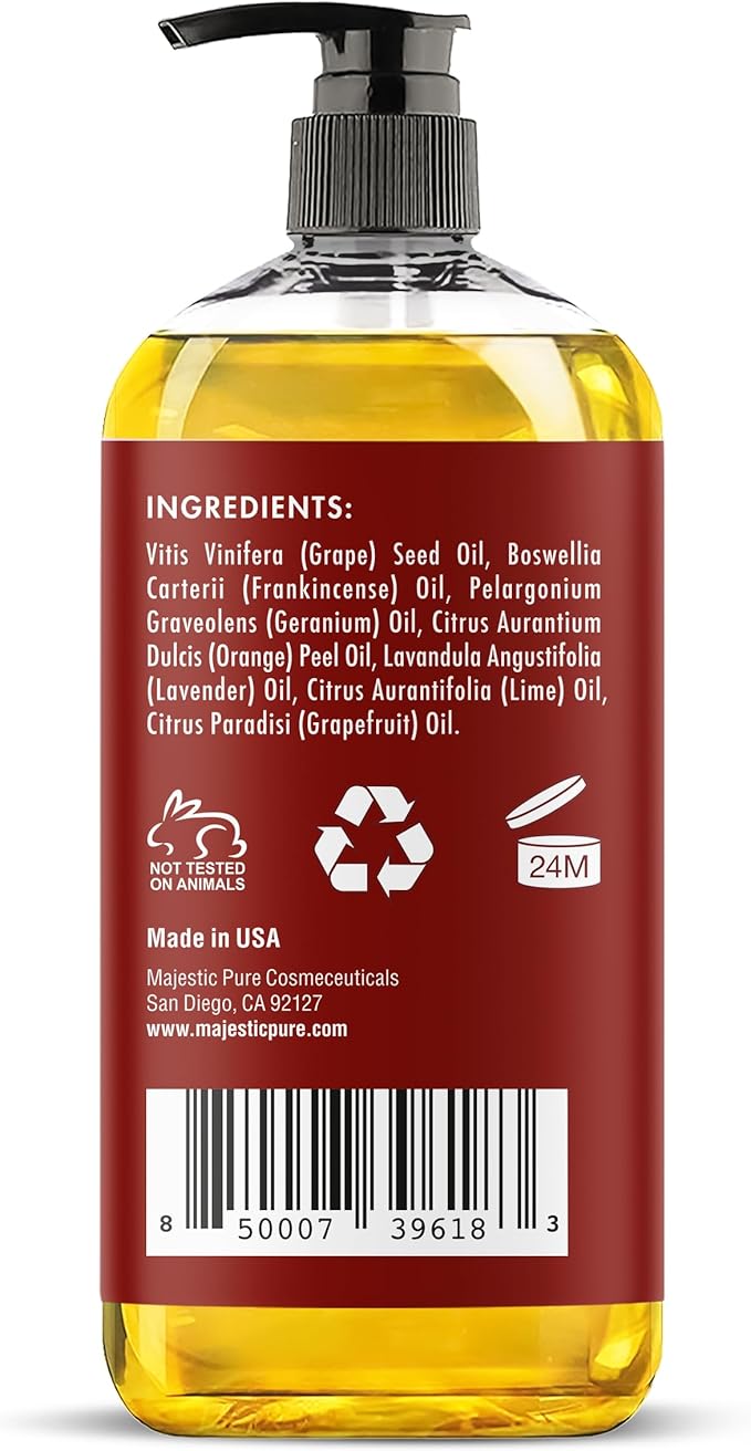 MAJESTIC PURE Frankincense Scar & Stretch Massage Oil for Massage Therapy- Refreshing and Relaxing- Natural Oils with Frankincense Essential Oil- All Skin Types- Men and Women Massage Lotion- 8 fl oz