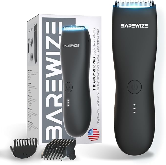 BAREWIZE Body Hair & Pubic Hair Trimmer for Men | Waterproof, USB-C Rechargeable, LED Light, Replaceable Ceramic Blade, Electric Ball Shavers, Manscape Kit, Mens Personal Groomer (Black)