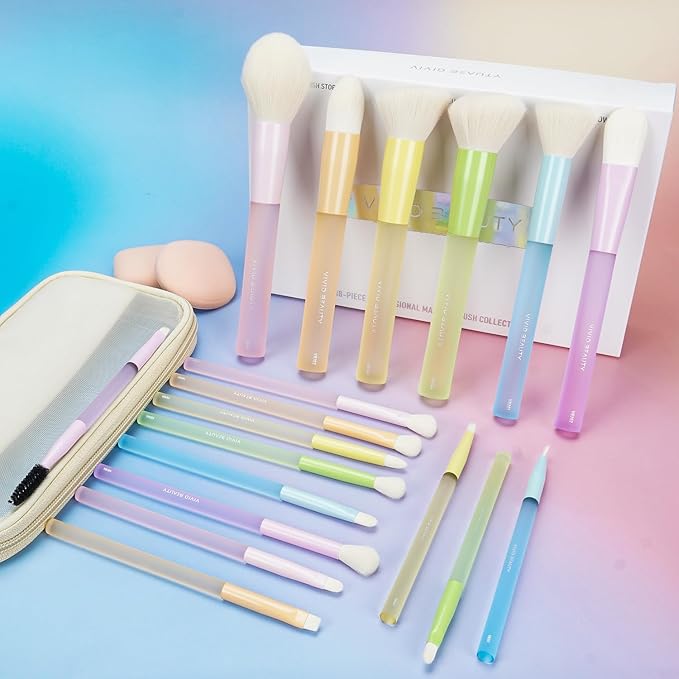 VIVID BEAUTY Makeup Brush Set, 18 Pcs Makeup Brushes with 2 Sponges & Travel Bag, Colorful Make up Brushes for Foundation Powder Blush Blending Eyeshadow, Face & Eye Brush Kit for Beginner