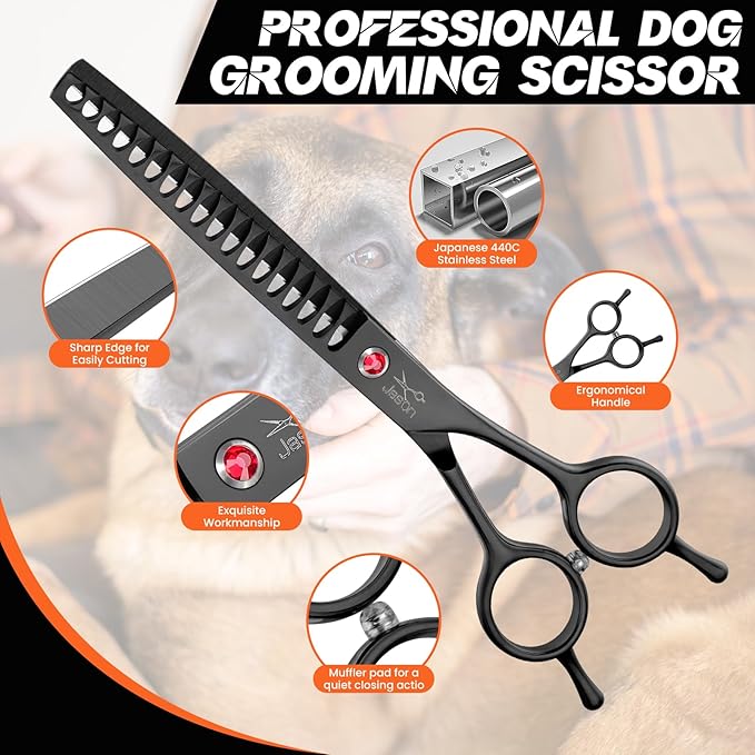 JASON Dog Grooming Chunker Scissors - 7" Professional Thinning Shears Black